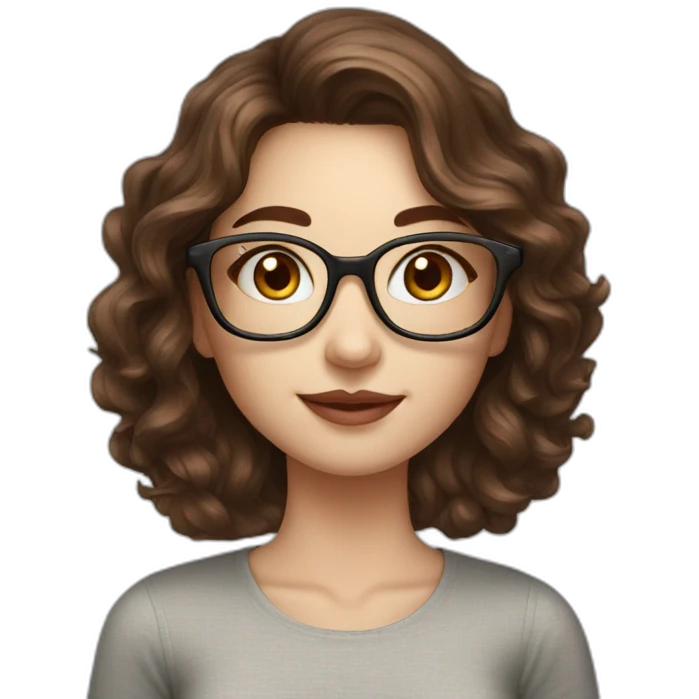 gorgeous young lady, white skin, wavy brown hair, glasses, emoji