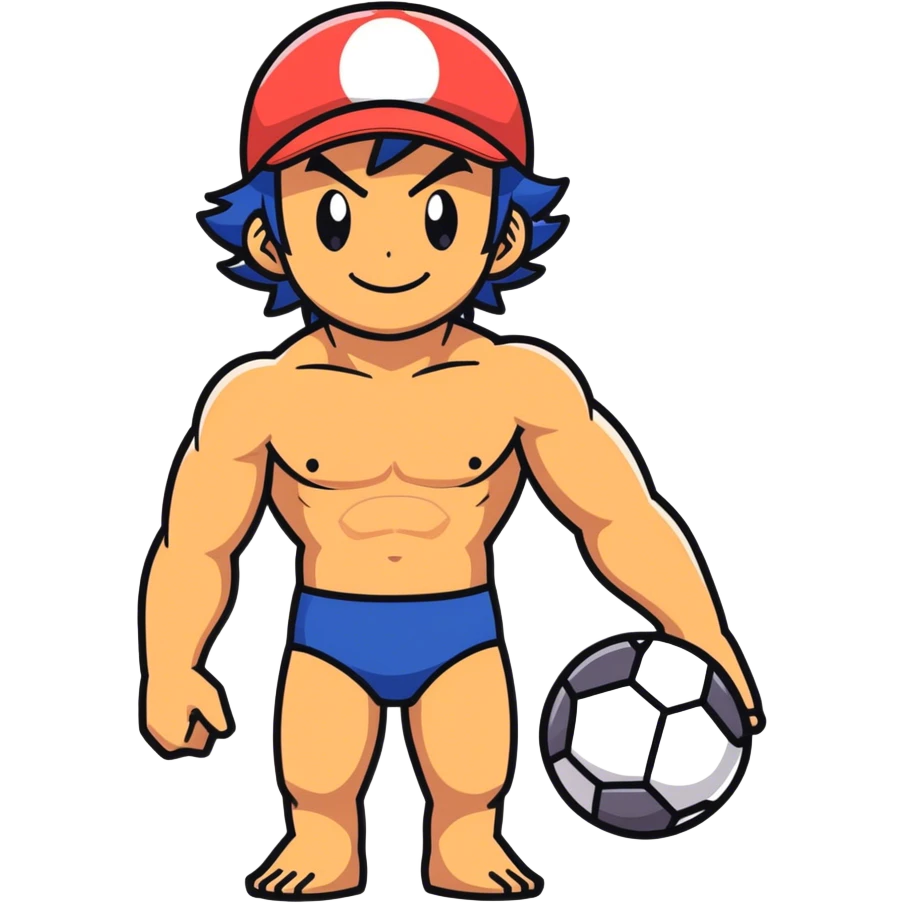 Hot handsome very muscular 6ft 5inch tall smiling happy fun shirtless Ash Ketchum coming out of a poke with friends in short swimwear emoji