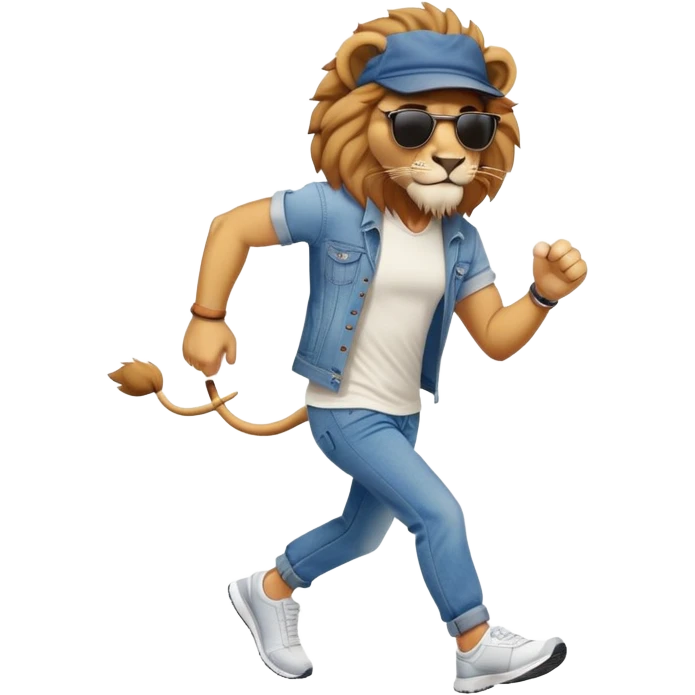 friendly anthropomorphised lion in jeans and a t-shirt, wearing dark sunglasses and a hat, jogging upright in relaxed pose emoji