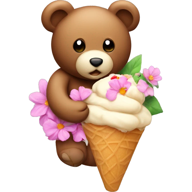 teddy bear eating an ice cream on top of a flower emoji