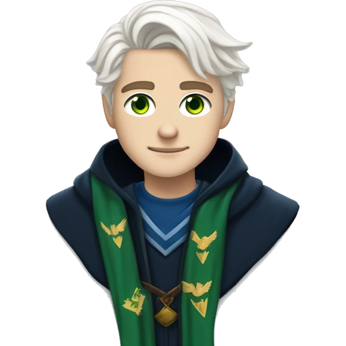 16 year old boy, white hair, light skin, green eyes, scar on right eye in ravenclaw hogwarts robes. emoji