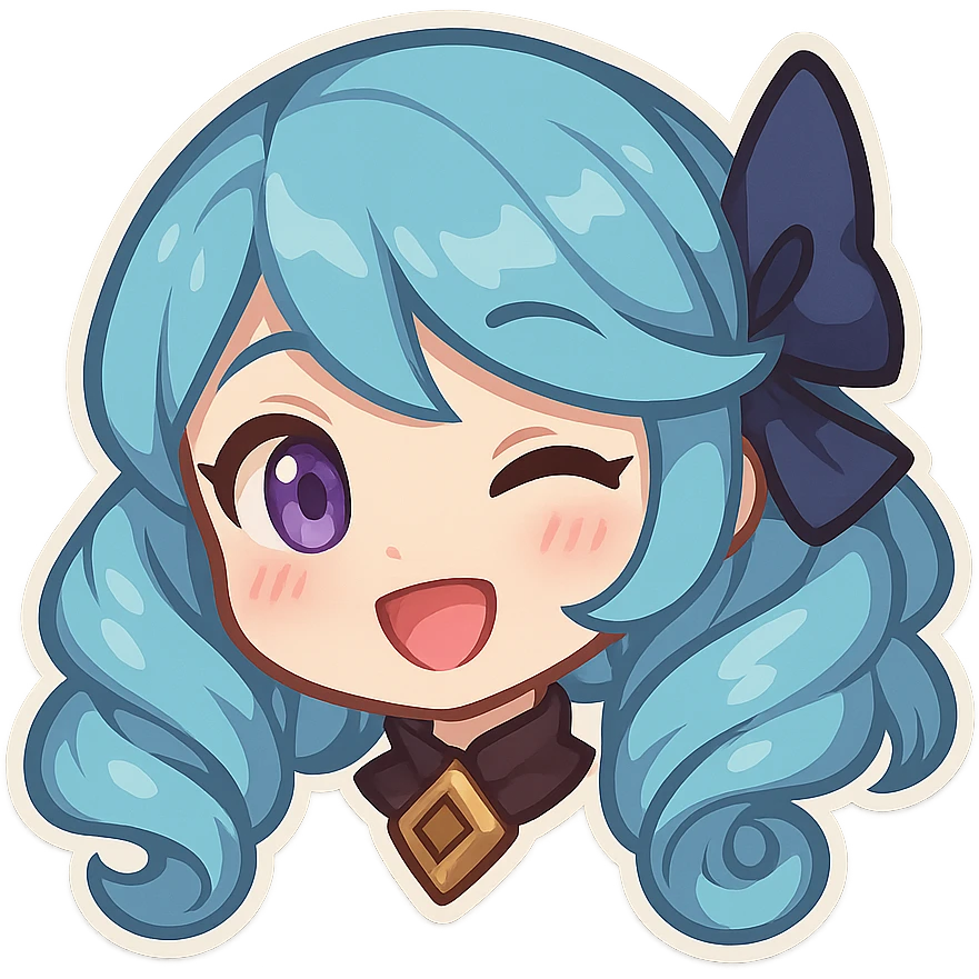 Gwen from League of Legends, happy expression, head only, right eye is purple, chibi style, slight tilt emoji