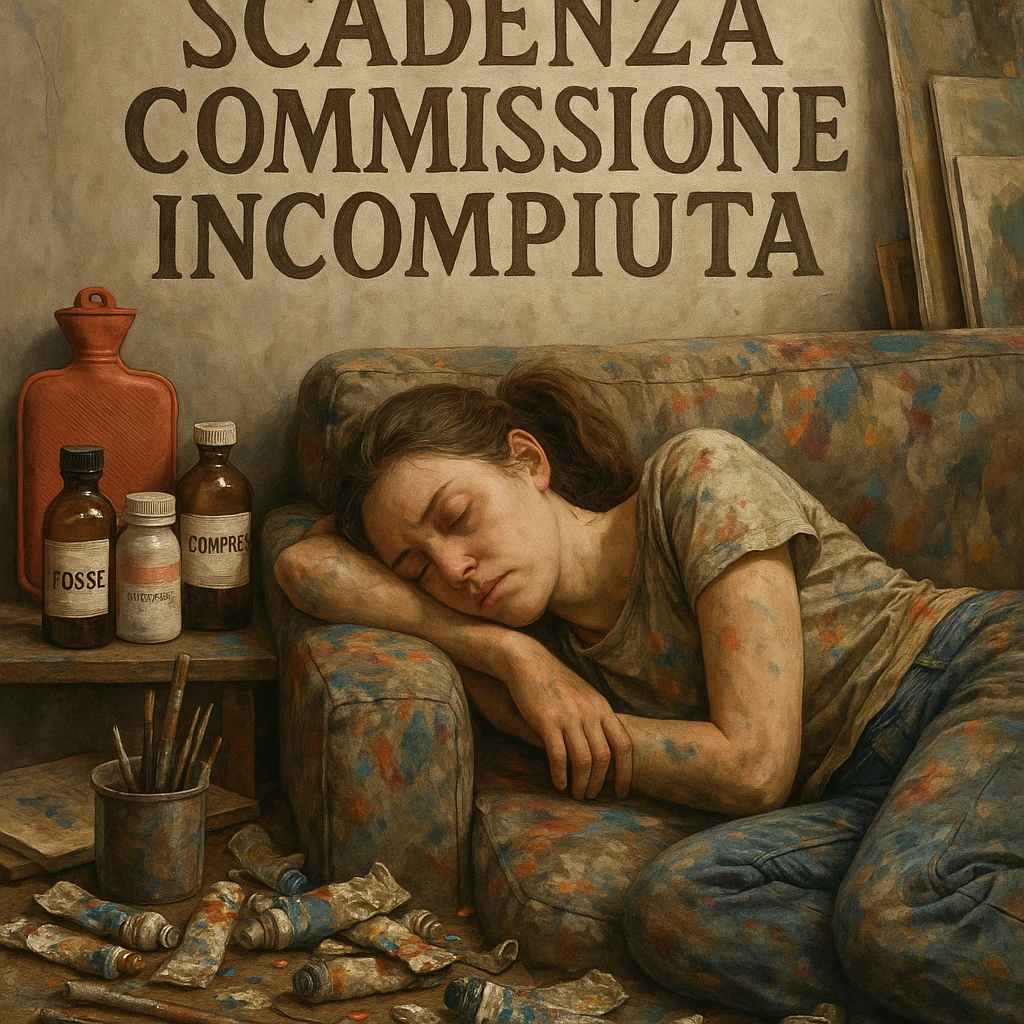 Young female artist asleep on a paint-stained sofa, above her the Italian text 'Scadenza commissione incompiuta', medicine bottles and hot water bottle arranged like war supplies, creative and chaotic atmosphere, hyperrealism 4K, visible tiredness, Italian texts in the image emoji