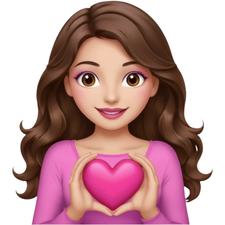 girl with long wavy brown hair, brown eyes, long lashes makeup, sexy pink lips, light to medium complexion, wearing a pink sexy top, smiling, holding a big heart with both hands emoji