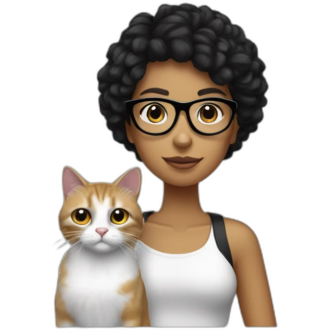 chica blanca de pelo negro lacio y gafas con chico moreno con un moño y un gato blanco y negro emoji