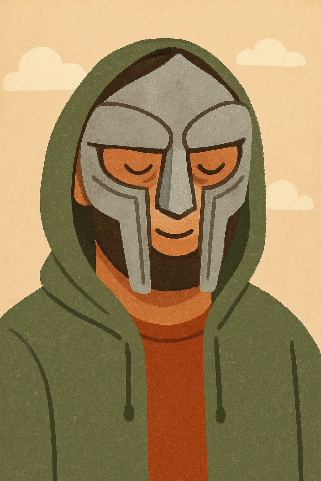 stylized portrait of MF Doom iconic rapper with metal mask emoji