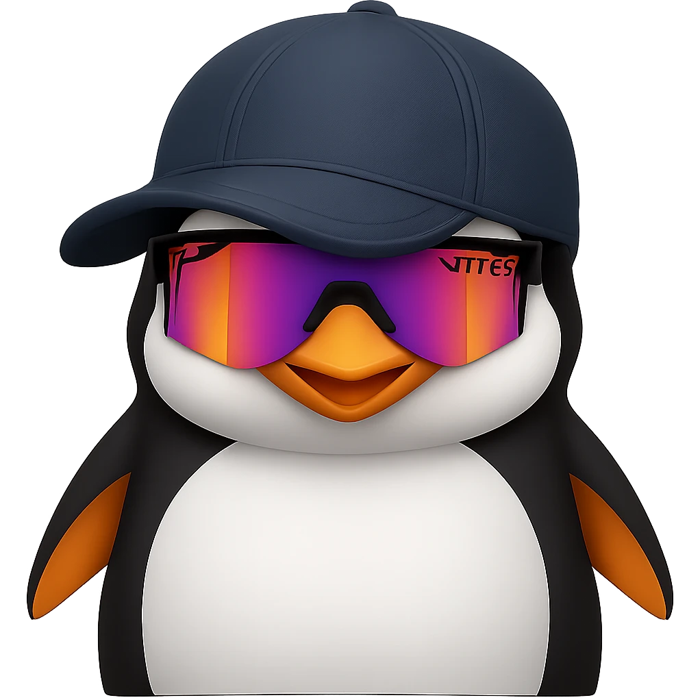 Add Pit Viper style sunglasses to the happy penguin with a baseball cap. Remove the background. Maintain the original style and look of the penguin. emoji