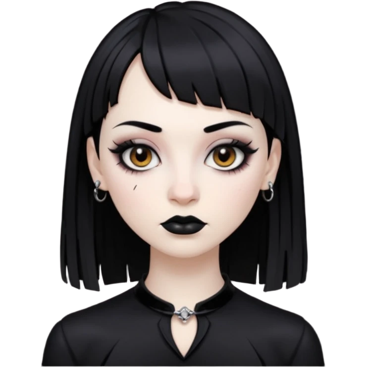 Faça uma moça de cabelo preto e micro franja pálida e com maquiagem gótica pesada olhos castanhos escuro  emoji