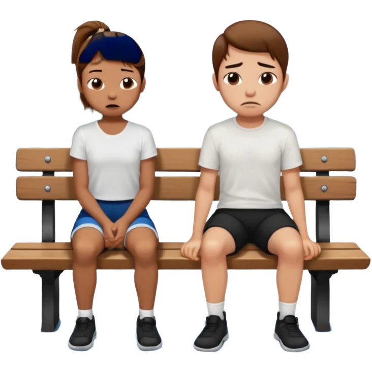 girl with brown ponytail and ugly face  with boy  with brown hair black short and a white shirt sitting sobbing by himself on a bench with a lake in the back  emoji