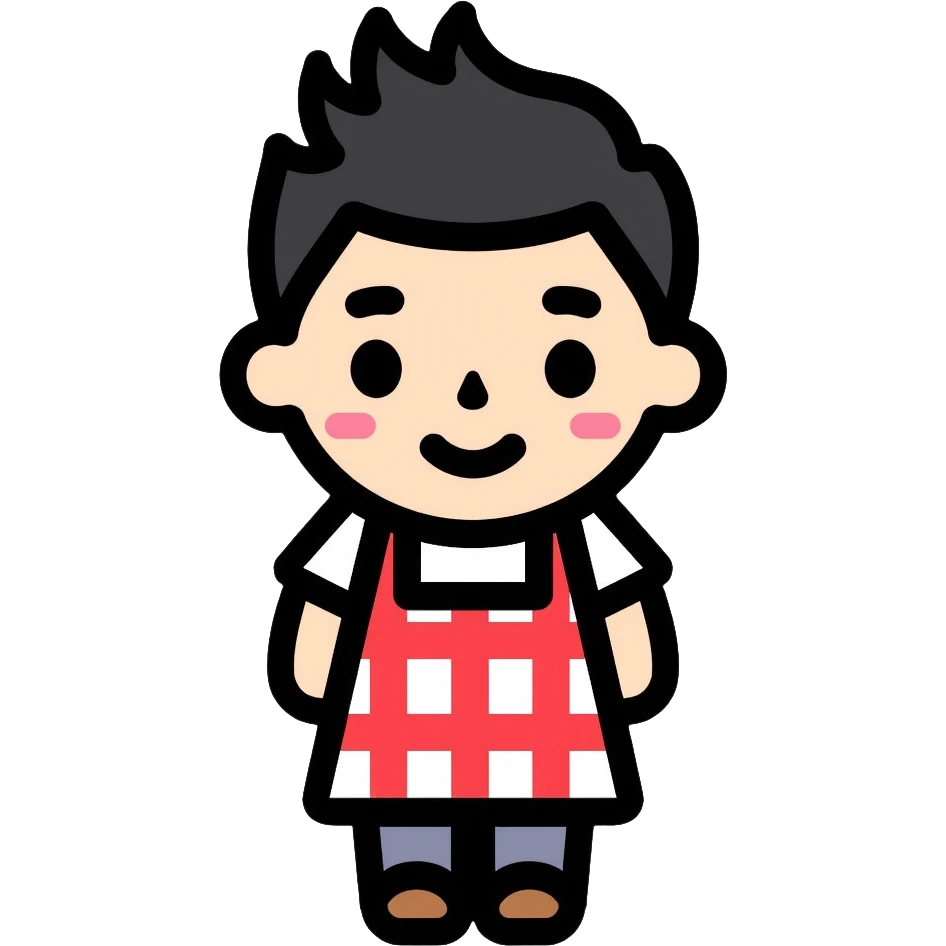 chubby boy with black hair styled upward in front, wearing a red and white checkered plaid apron emoji