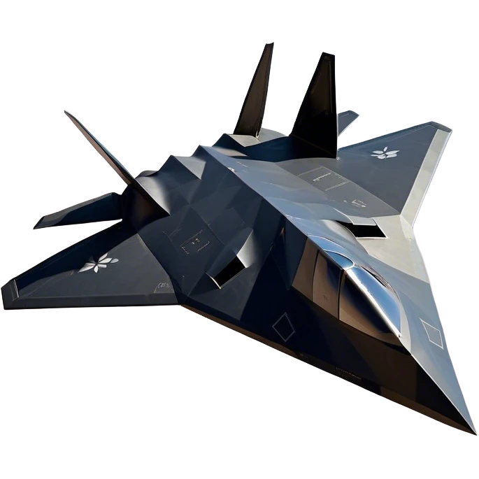 F-117 Nighthawk - Lockheed Martin (Stealth Grey) A futuristic stealth attack aircraft with a distinct faceted, angular design in a stealthy matte grey. Its sharp, jagged edges and unconventional, almost alien-like shape make it look like a shadow cutting through the night sky. The surface should appear non-reflective with subtle panel lines. emoji