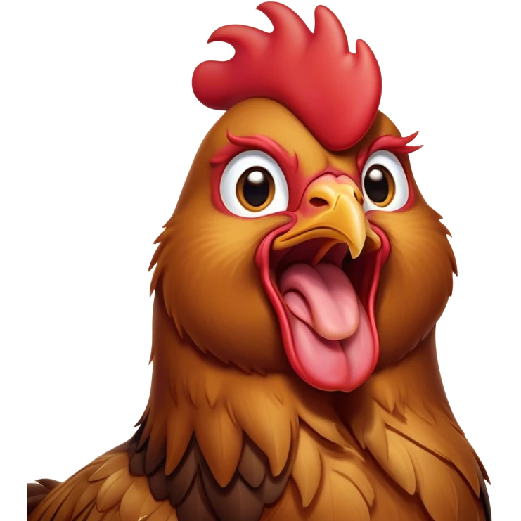 Cinematic Cute Yawning Brown Rooster Portrait Emoji, Head tilted slightly with a dramatic, wide-open yawn, showcasing a soft, downy brown plumage with a subtle red comb and drooping wings, round warm eyes barely open in drowsy contentment, Simplified yet irresistibly adorable features, highly detailed, glowing with a soft, cozy glow, high shine, relaxed yet expressive, stylized with a touch of whimsy, bright and endearing, soft glowing outline, capturing the essence of a sleepy yet affectionate rooster, so drowsy it feels like it could stretch out of the screen and curl up for a nap! emoji