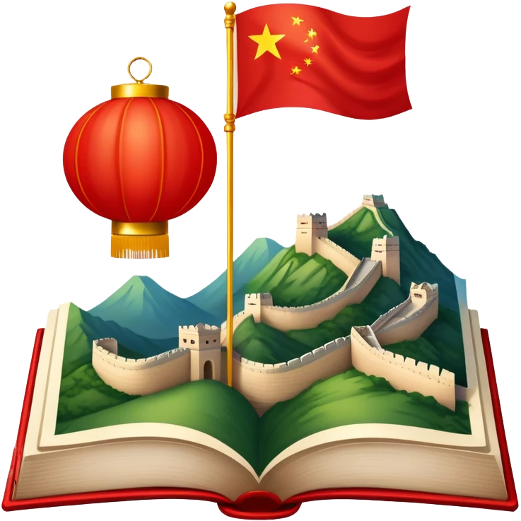 An icon featuring the Great Wall of China and the big flag of China, symbolizing the Chinese language. The design includes an open book with Chinese characters and a red lantern, representing language learning. Transparent background highlights the depth of Chinese heritage. emoji