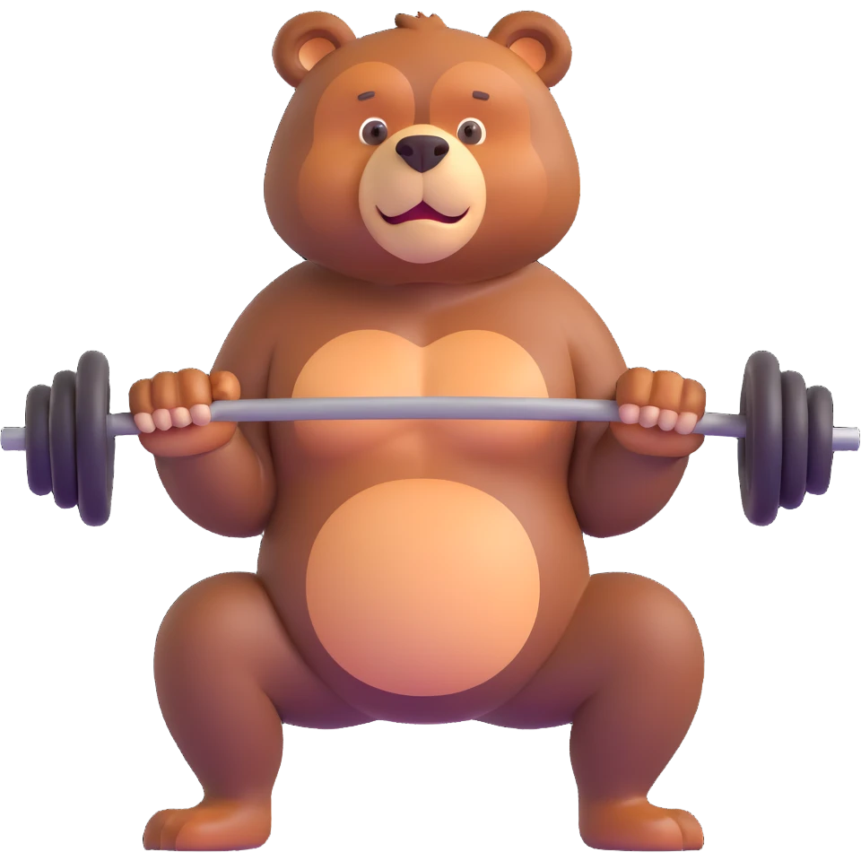 powerful brown bear with defined muscles doing squats, determined athletic emoji