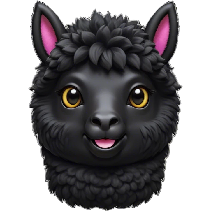 Cinematic Comical Black Alpaca Portrait Emoji, Head tilted dramatically with an exaggeratedly amused expression, featuring a striking jet-black fleece with playful texture, wide, expressive dark eyes filled with playful disbelief, Simplified yet hilariously expressive features, highly detailed, glowing with a slightly sassy glow, high shine, dramatic yet playful, stylized with an air of cheeky mischief, bright and endearing, soft glowing outline, capturing the essence of a spirited and over-the-top alpaca, so meme-worthy it feels like it could side-eye its way into internet fame instantly! emoji