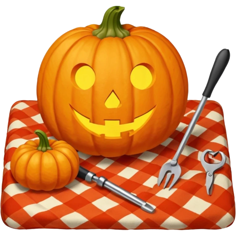 Pumpkin carving on a red gingham blanket  emoji