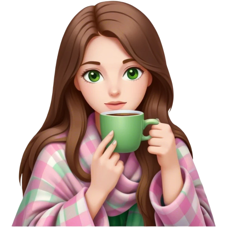 A pretty white woman with long brown hair and green eyes wrapped in pastel pink plaid blanket drinking coffee emoji