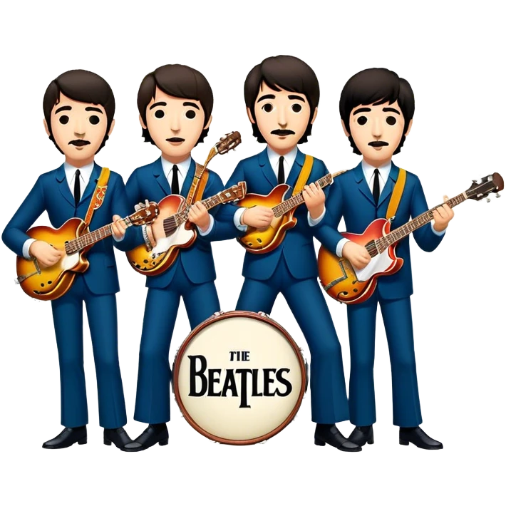 Cinematic Realistic The Beatles Group Emoji, depicted as an iconic band of four exuding playful charisma and musical genius with retro instruments and vibrant expressions, rendered with rich textures and nostalgic dynamic lighting that captures their legendary impact on pop culture. emoji