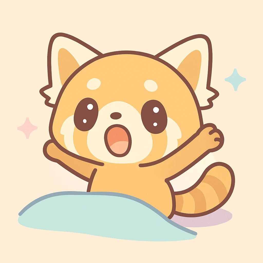Aggretsuko red panda stretching and yawning morning sunlight, kawaii style emoji
