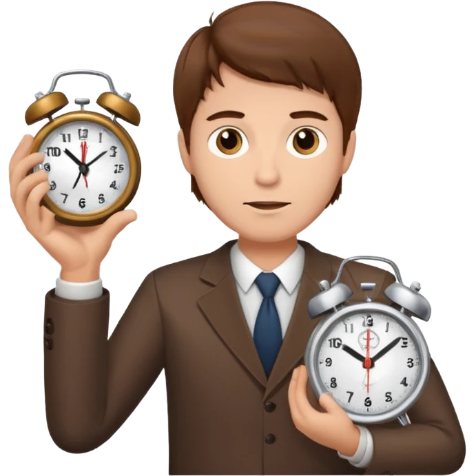 A man with brown hair holding an alarm clock emoji