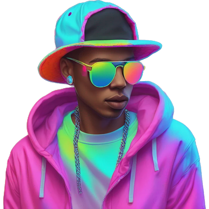 Multicoloured neon Vaporwave person smoking wearing hoodie dancing hip hop bucket hat tropical Skater fashion aesthetic baggy clothes graphic t shirt 420 emoji