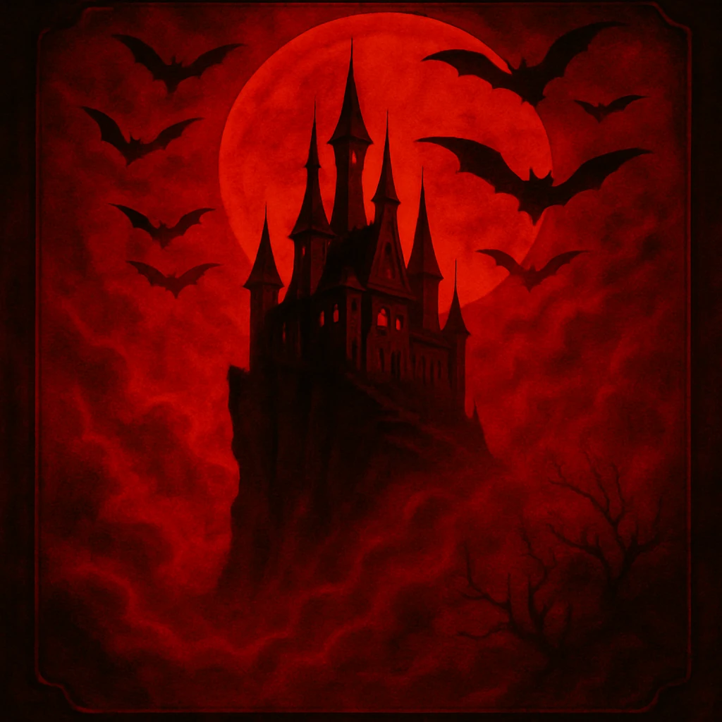 Change the color scheme to red and black with intense red fog and mist, creating an overall red horror palette. Keep all other details unchanged. emoji