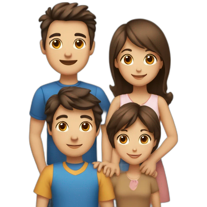 a family with a mother with brown hair and blue eyes, a father with black hair and brown eyes, two boys with brown hair and brown eyes, and a girl with brown bangs and brown eyes. emoji