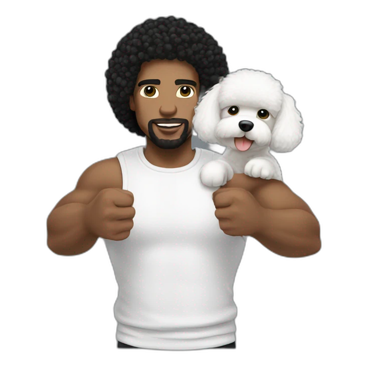 white man black hair,  rapper flexing with a bichon emoji