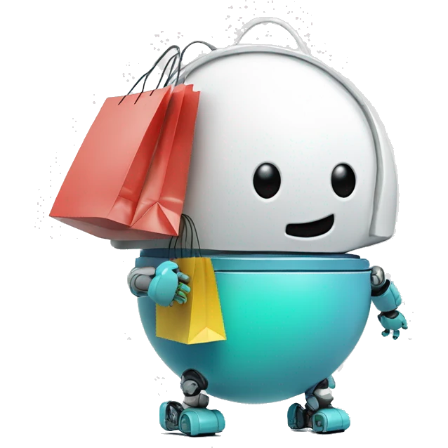 cute white floating spherical happy robot with floating shopping bags emoji