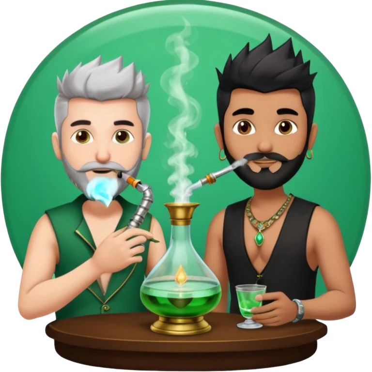 Brass hookah with green design on a glass water base on the top; with two smoke pipes where people are holding them and smoking - one white guy with spikes (silver and black hair) and another Tamil handsome with little beard Indian guy emoji