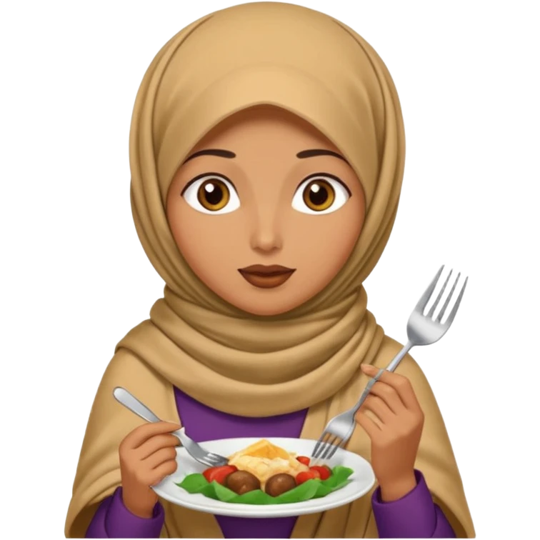 a woman wearing a pashmina hijab is eating emoji