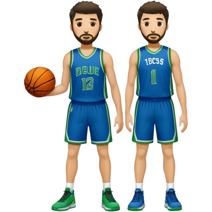 Full Body  white male basketball player with short dark shaggy hair and goatee beard wearing blue and green uniform emoji
