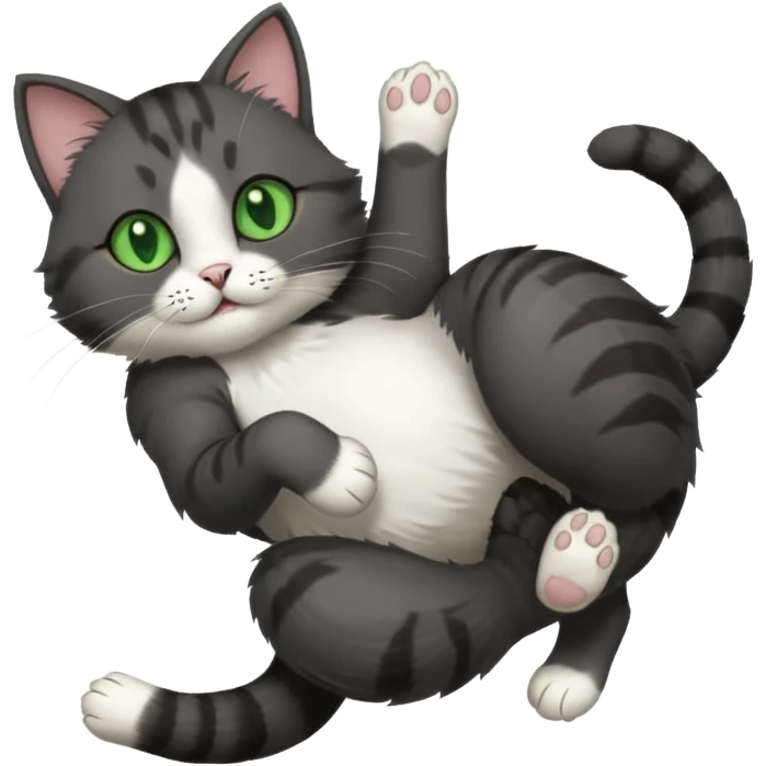 dark grey cat with green eyes, white toes/paws and white patch on her chest playfully rolling upside down emoji
