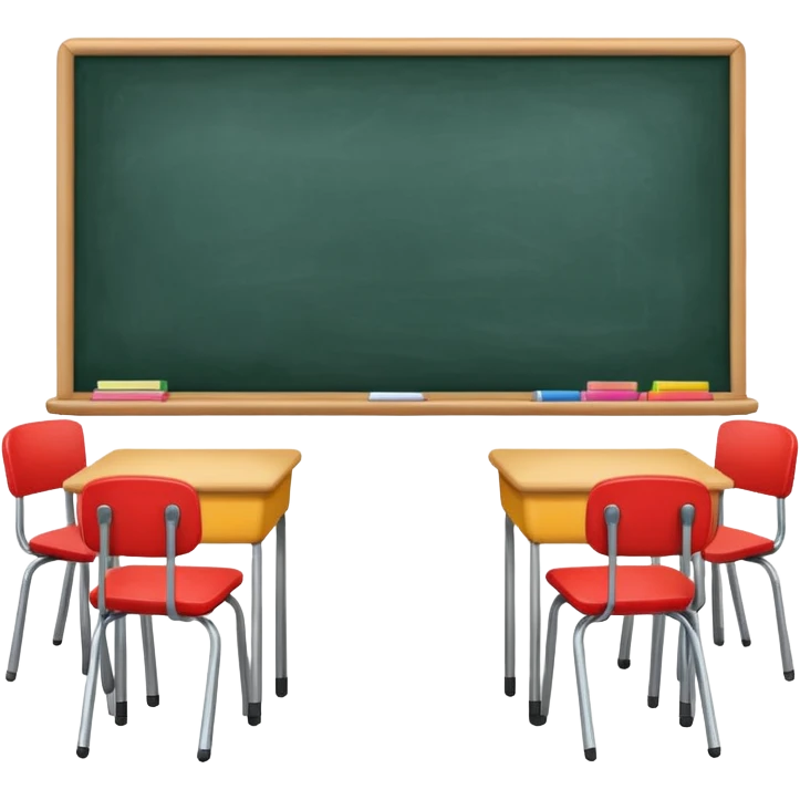 colorful classroom with desks and a big blackboard emoji