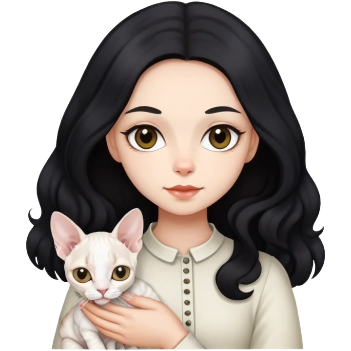 a  girl with black long hair with a white devon rex  emoji