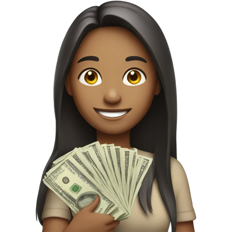 smiling girl with long hair holding cash emoji