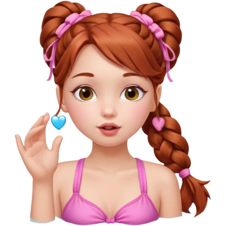 A cute ukrainian girl, with long auburn hair two side ponytails plaited, in her pink bathing costume, she's blowing a kiss. emoji