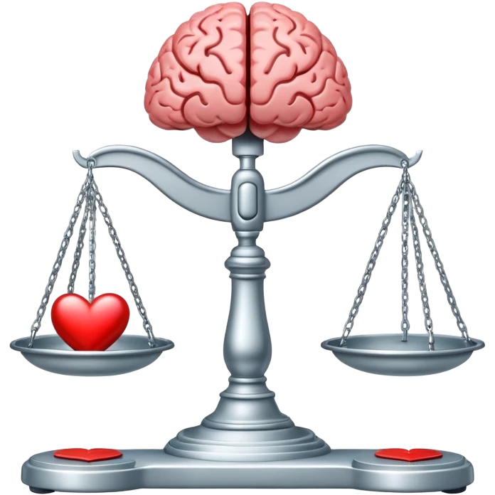 balanced scale with brain on one side and heart on the other side, perfectly balanced emoji
