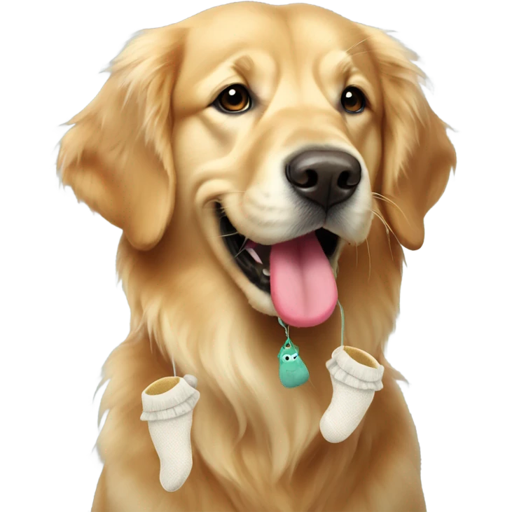 Golden retriever with sock dangling from mouth emoji