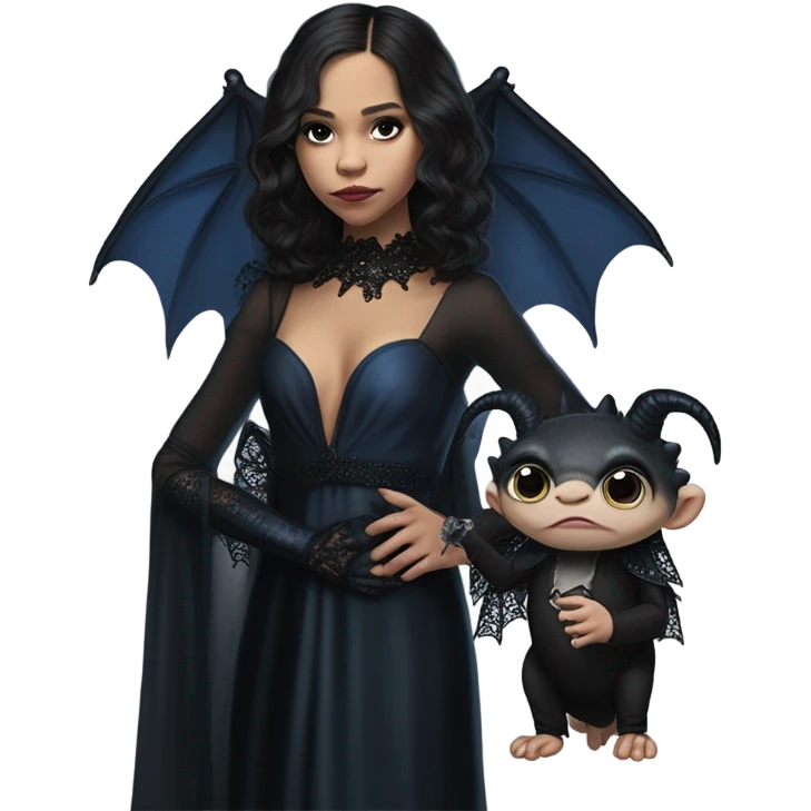 relaxed low-cut back silk black evening gown with lace gloves, Jenna Ortega as Addams woman prom queen wearing a mini tiara, very large blood blue evil-looking horned old dragon hand puppet emoji