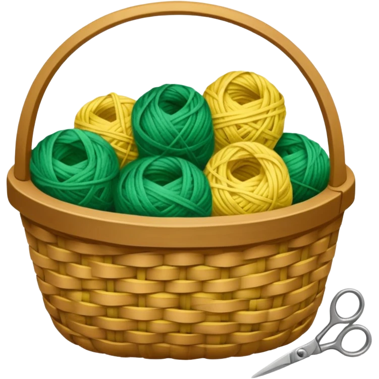 A tidy basket with neatly arranged green and yellow skeins and scissors. emoji