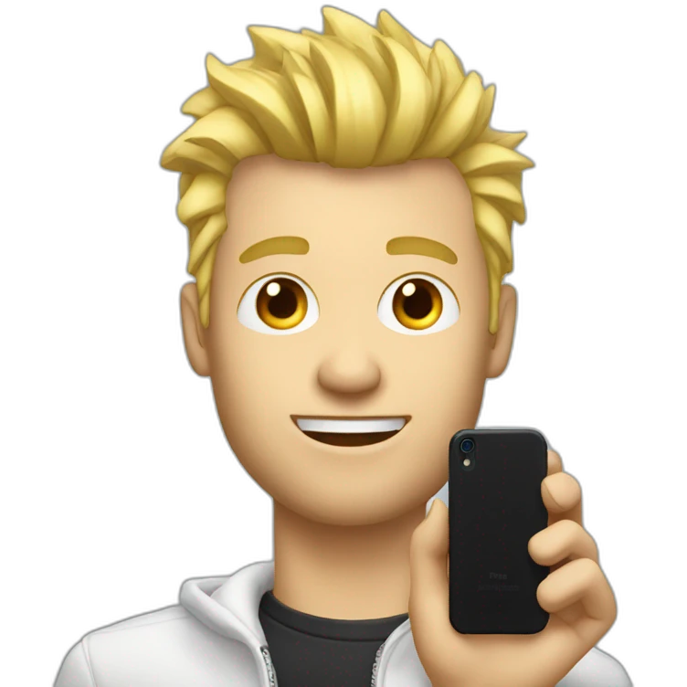 Blonde man with faux hawk hair holding iPhone in hand emoji