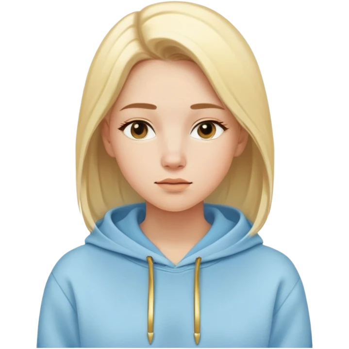 Woman with oval face, light blonde straight hair parted to the side, dreamy expression, wearing a light blue hoodie with gold and white accents emoji