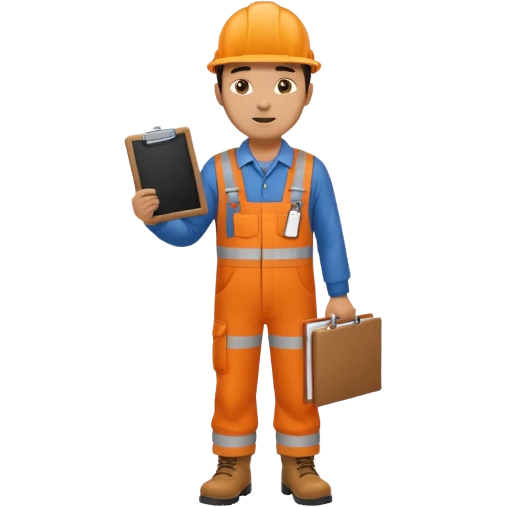 Male railway engineer orange overalls, boots holding a clipboard in one hand emoji