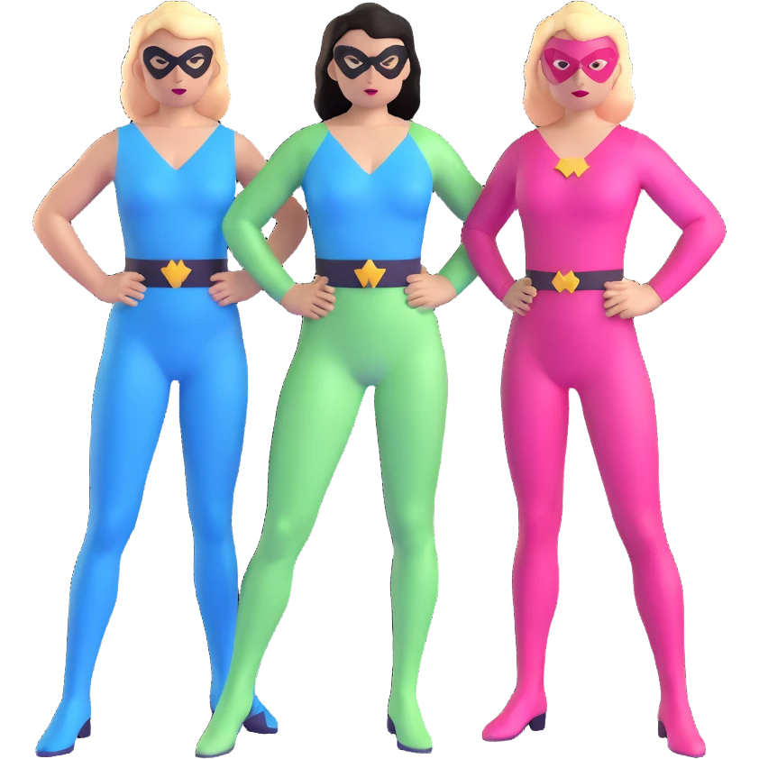 three female superheroes posing together - one wearing light blue outfit, one wearing pink outfit, and one wearing light green outfit emoji