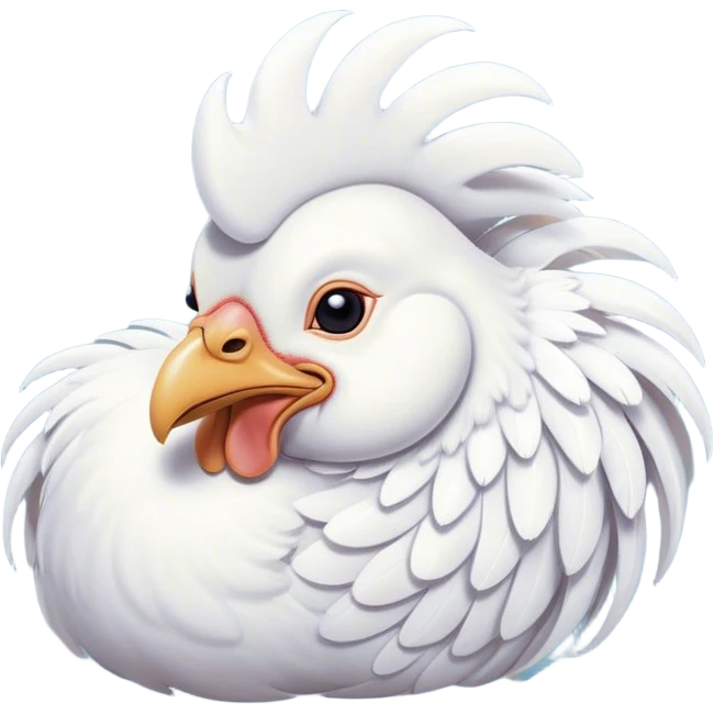 Meme-Worthy Cute Sleeping White Rooster Portrait Emoji, Head resting peacefully with a contented smile, showcasing a robust build and a luxuriously soft pure white plumage, eyes shut in a serene, restful nap, Simplified yet hilariously adorable features, highly detailed, glowing with a soft, drowsy light, high shine, relaxed and utterly lovable, stylized with an air of playful laziness, bright and heartwarming, soft glowing outline, capturing the essence of a comically sleepy rooster, so meme-worthy it feels like it could instantly become the next viral sensation of adorable slumber! emoji
