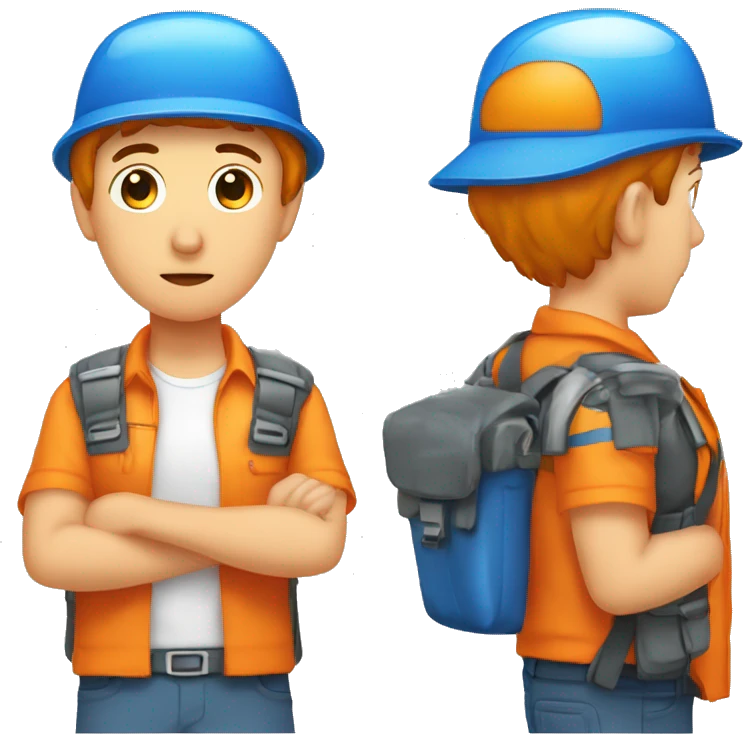 Técnico que repara electrodomésticos, con una gorra naranja y una camisa azul con blanco, con humor triste, con cara triste.  emoji
