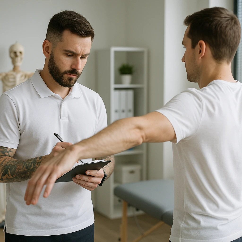 realistic kinesiologist wearing a white shirt with tattoos on arms and a dark wristwatch, observing and noting results of kinesiological assessment on a patient wearing a white t-shirt in a modern clinical environment, professional details, inspired by reference photo https://attic.sh/r66tucayi7ewfjges2vhulor9bux emoji