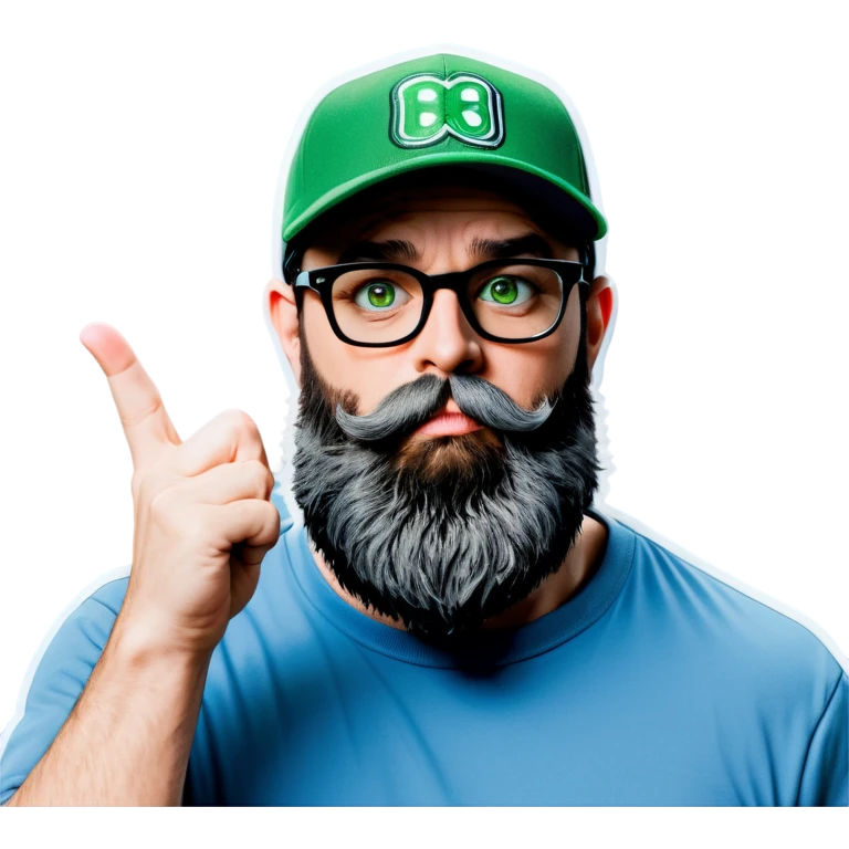A bold man with a grey baseball cap, green eyes, big beard and glasses blows a kiss emoji