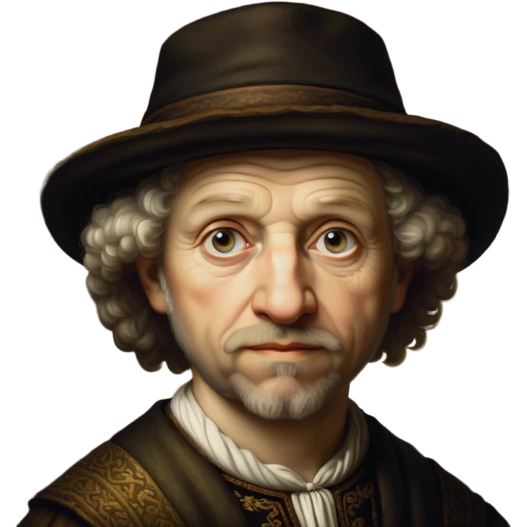 Cinematic Realistic Rembrandt Portrait Emoji, depicted as a master painter with deep reflective eyes and dramatic chiaroscuro, rendered with intricate textures and moody historic lighting that captures his timeless artistry. Caucasian emoji